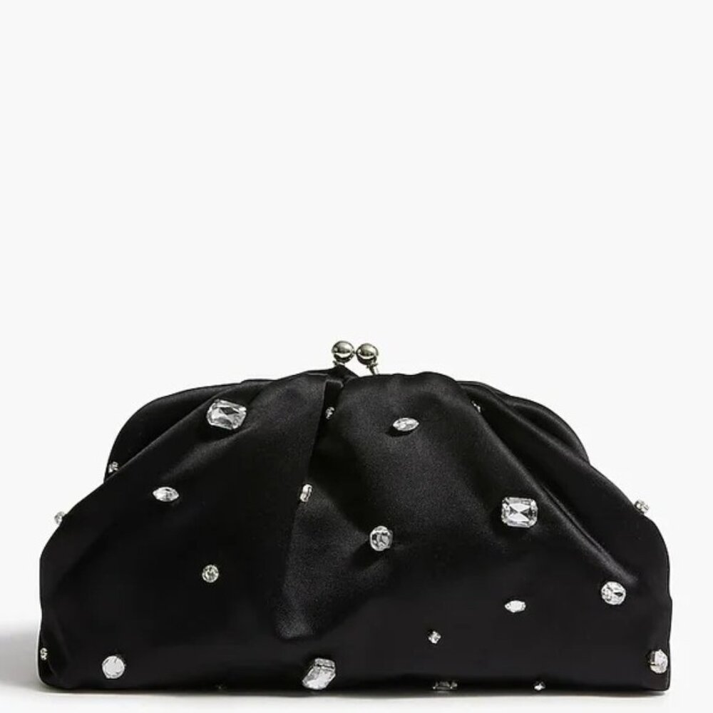 NWT J. Crew Factory Convertible Satin Clutch, Black with Crystal Accents